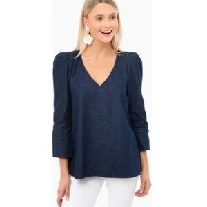 Tuckernuck Denim Tetley Puff Sleeve V-Neck Top S NWT